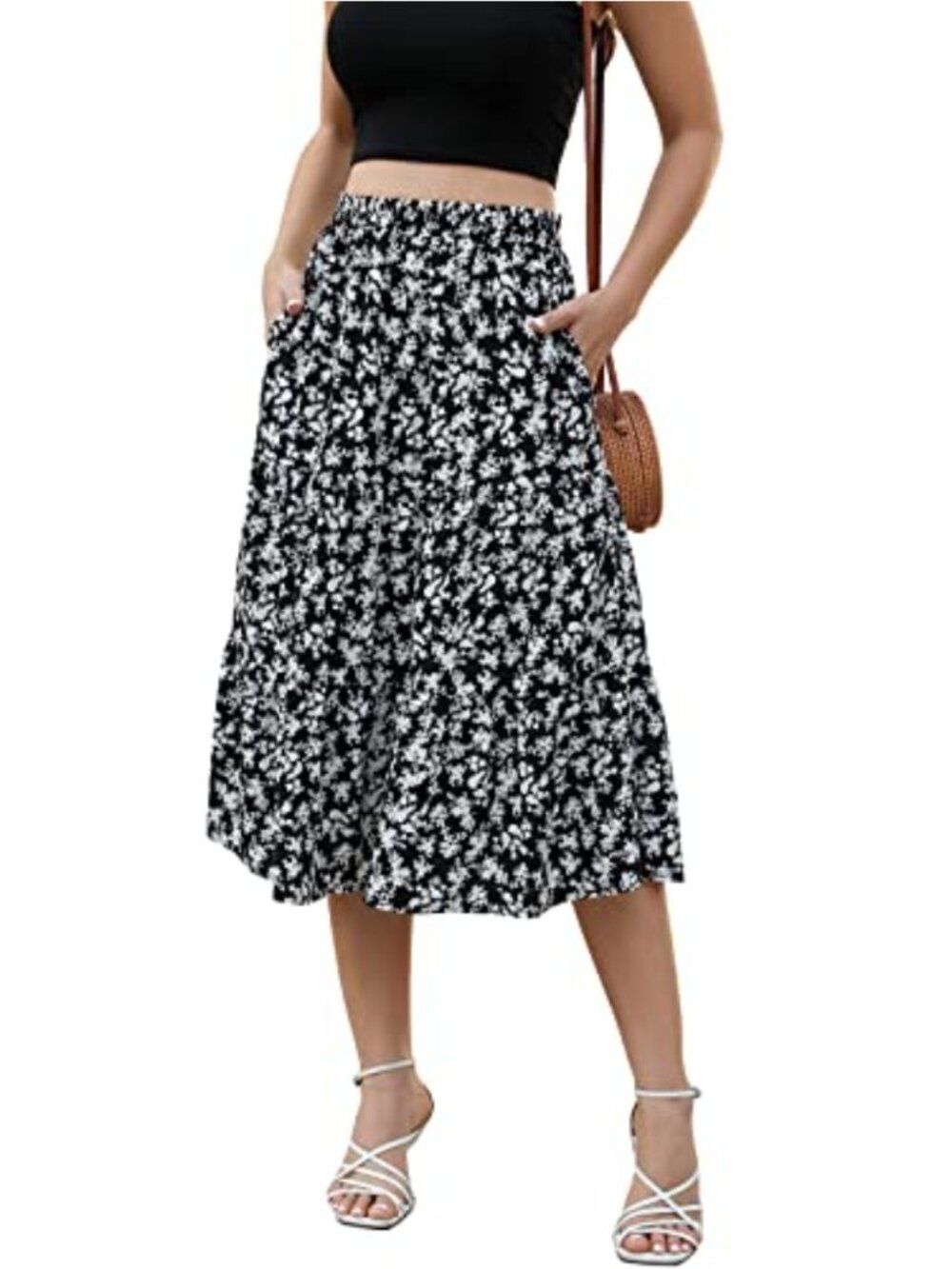 Floral Midi Skirt High Elastic Waist Flowy Ruffle A-Line Pockets Summer